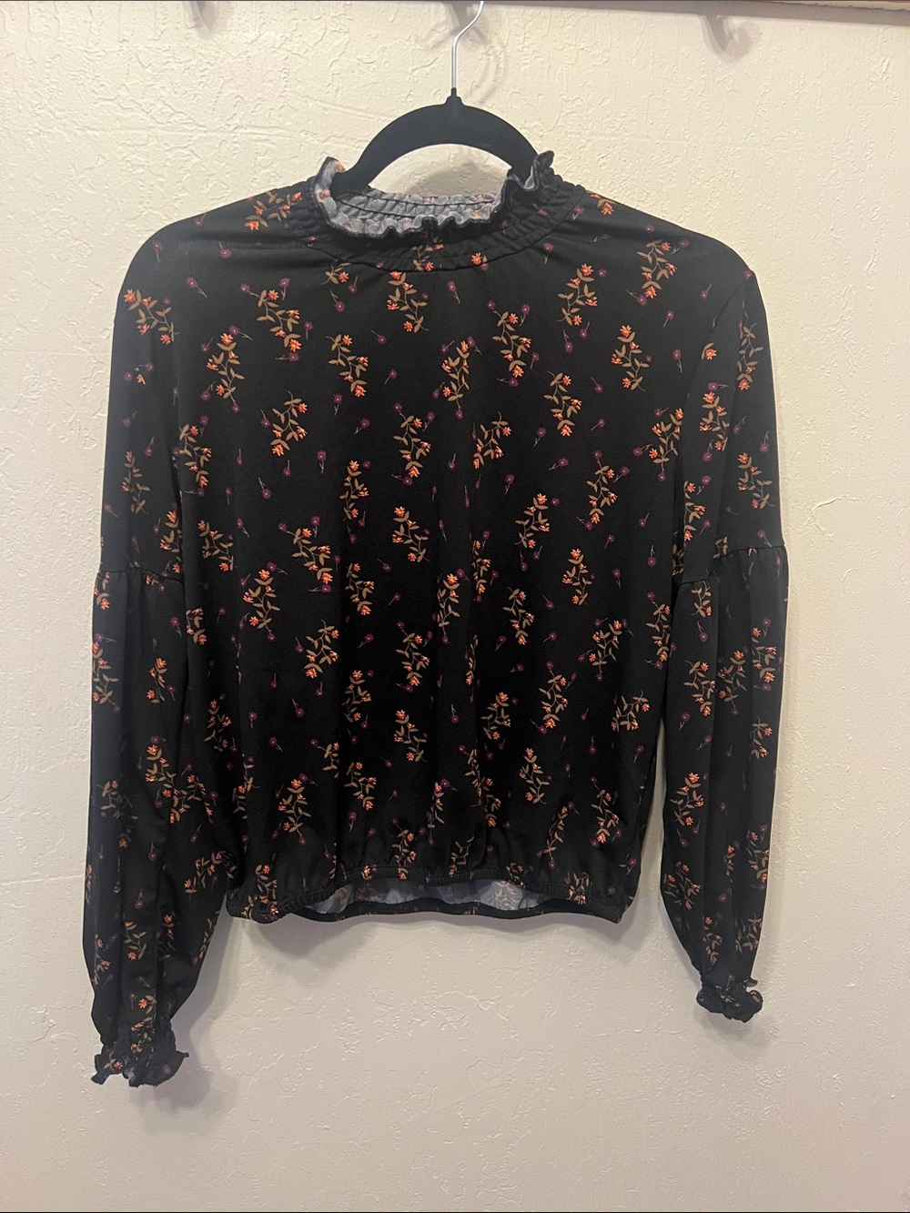 Mock Neck Floral Blouse in Black with Smocked Details